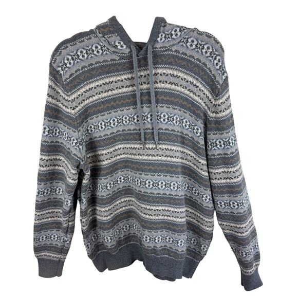 IZOD 100% Cotton Gray Fair Isle Hooded Pullover Sweater Men's Size L - Picture 1 of 6